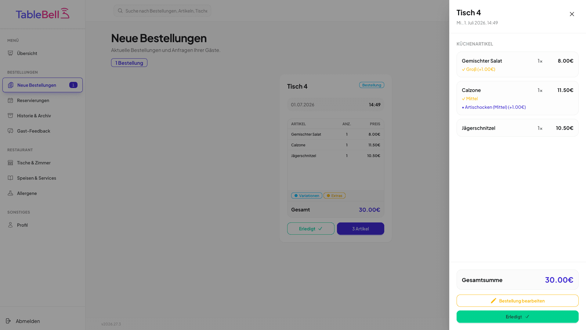 Betreiber-Ansicht: dieselbe Bestellung kommt live im TableBell-Dashboard an