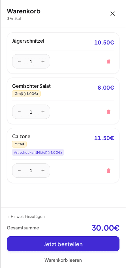Gast-Ansicht auf dem Handy: Bestellung per QR-Code am Tisch aufgeben